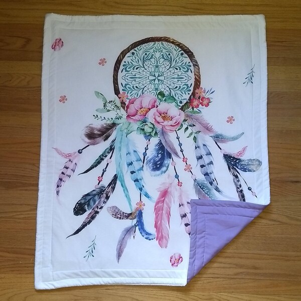 Dream Catcher - Aqua and Pink Feathers - Violet Lavender accents -  comforter, duvet - ultra violet accents