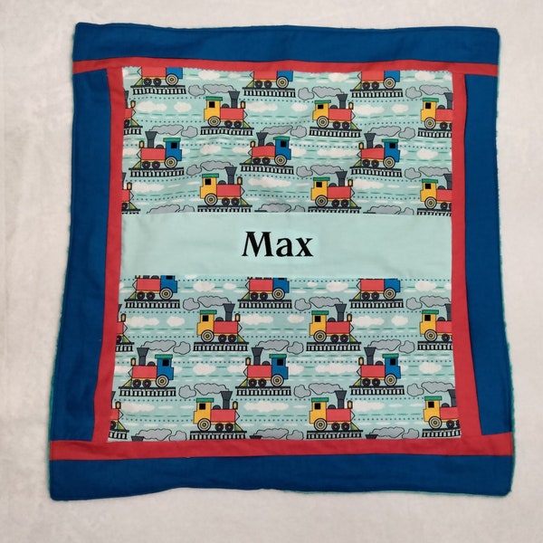 Special Train Lovey - Train Lovie - Red Blue and Yellow Train on the Tracks Minky Backing in Aqua - Name Baby Blanket - Boy Baby Blanket