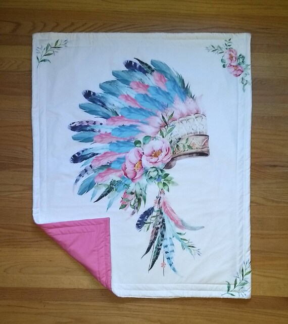 Pink and Aqua Indian Headdress with Flowers and Feathers Baby Blanket