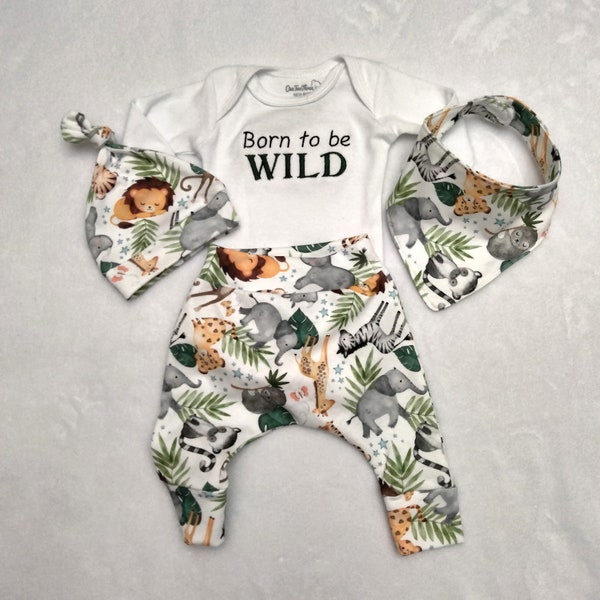 Name Gender Neutral Safari Coming Home Outfit - Personalize Safari Bodysuit - Name Safari Baby Outfit - Drool Bib - Knot Hat - Knot Headband