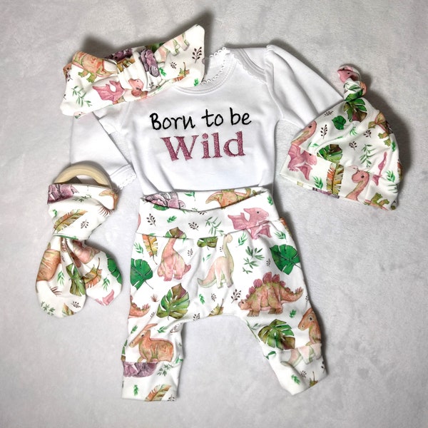 Dinosaur Baby Girl Coming Home Outfit Set - Personalize Dinosaur Bodysuit - Pink Purple Dinosaur -  Name Baby Outfit Set - Born to be Wild