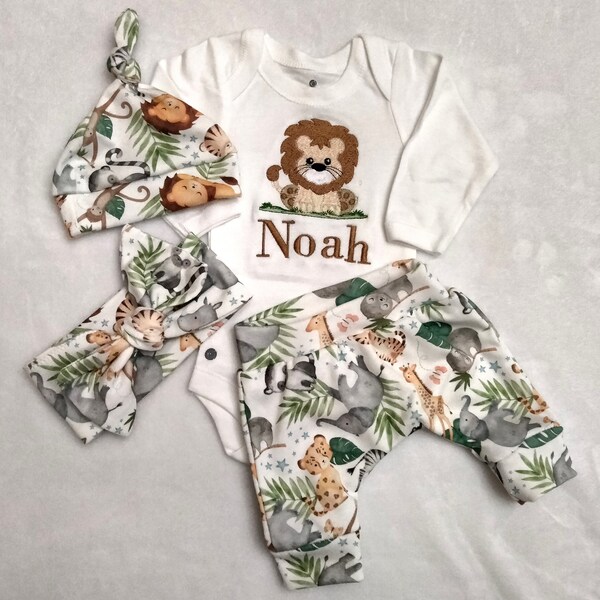 Gender Neutral Coming Home Outfit Set - Personalize Lion Bodysuit - Best Baby Gift - Safari Name Baby Outfit Set - Jungle baby boy outfit