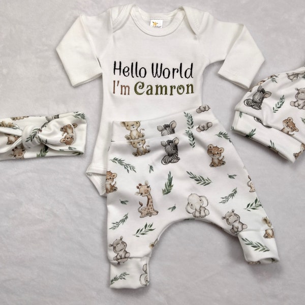 Safari Baby Boy Coming Home Outfit - Personalize Safari Bodysuit - Pants Tropical leave outfit  - Baby girl outfit - gender neutral set