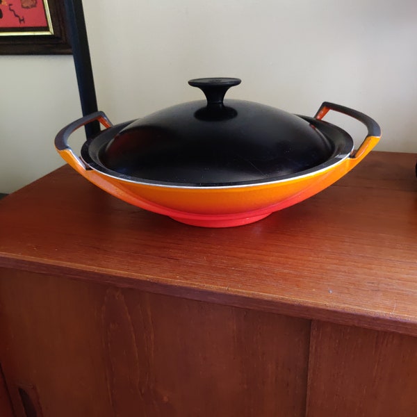 Le Creuset 11" Flame Orange Enameled Cast Iron Wok With Lid Stir Fry Pan France