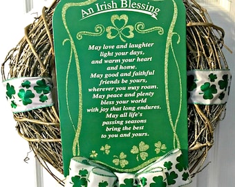 Irish Wreath, Saint Patrick Wreath, St Patrick's Wreath, Shamrock Wreath, Irish Blessing Door, Irish Door Hanger, St Patrick's Day, Blessing
