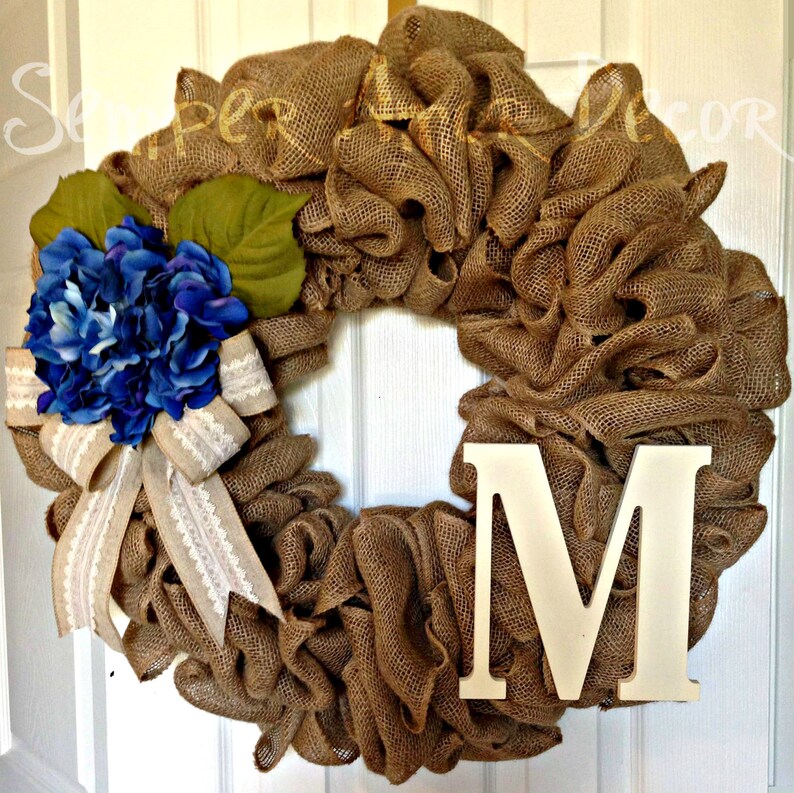 Country Wreath Monogram Burlap Wreath Rustic Wreath Lace Burlap Initial Wreath White And Navy Burlap Wreath Hydrangea Burlap Wreath