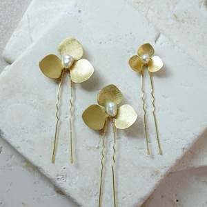 5 Pcs Brass Pearl Hair Pin Set, Gold Flowers Bridal Hair Pin, Pearl Hair Pin Set