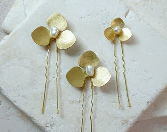 5 Pcs Brass Pearl Hair Pin Set, Gold Flowers Bridal Hair Pin, Pearl Hair Pin Set