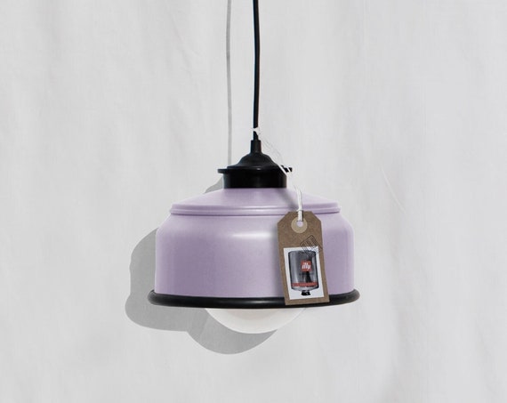 Ceiling lamp, pastel  MAUVE / lt.violet  and BLACK details, eco friendly : from recycled coffee cans !Light Bulb Included. Plug in available