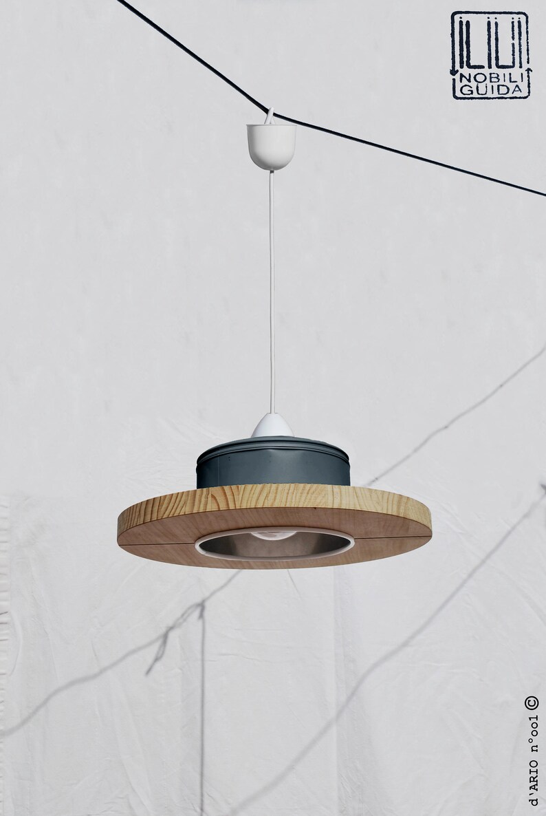 WINNER of iLLy coffee award! recyled from big coffe can Hanging ceiling lamp pendant light charcoal grey and pine wood ECO-friendly
