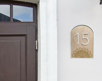 Mandala Engraved Wooden Arch House Number