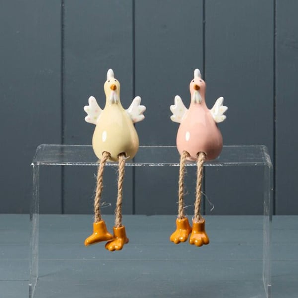 Yellow and pink ceramic chicken hen decorations, spring and easter decor, housewarming gifts, kitchen chicken decor, gifts for friends,