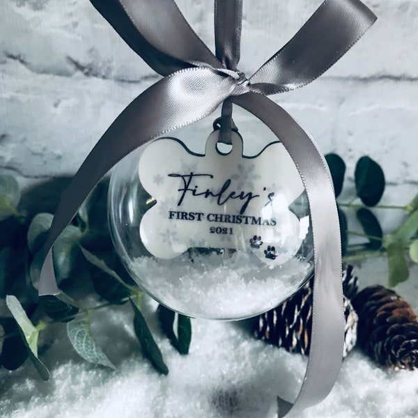 Dogs first Christmas Bauble, dog Christmas bauble, clear hanging bauble, personalised dog decoration, personalised dog name gift, 1st xmas