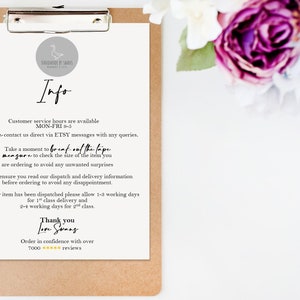 May include: A white sheet of paper with black text on a clipboard. The text reads "Info" and includes customer service hours, instructions to measure items before ordering, and shipping information. The text also includes the phrase "Thank you Love Swans" and mentions over 7000 reviews.