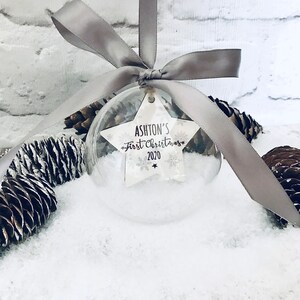 First Christmas Bauble, baby’s first Christmas bauble, clear hanging bauble, personalised new baby decoration, first christmas baby