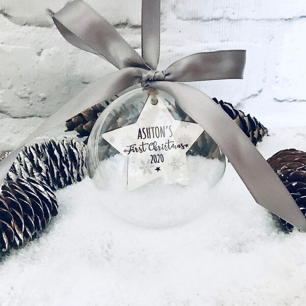 First Christmas Bauble, baby’s first Christmas bauble, clear hanging bauble, personalised new baby decoration, first christmas baby