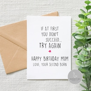 May include: A white card with black text that reads "If at first you don't succeed... try again."  A pink star is below the text.  The card also says "Happy Birthday Mum Love, Your Second Born."