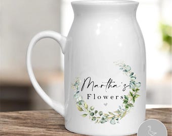 Personalised Ceramic Vase, Floral Milk Jug Style, eucalyptus wreath