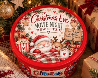 Personalised Christmas Chocolate Tub Label 20cm | Christmas Eve Movie Sweet Tub Sticker | Christmas Eve Treats | Kids Chocolate Gift