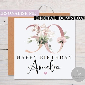 Personalised 30th birthday card, thirtieth birthday card, floral birthday card, 30th birthday niece, card for daughter, best friend card