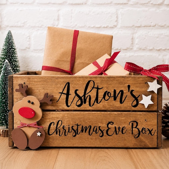 Personalised Christmas Eve Box, Wooden Christmas Crate, Kids Christmas Eve Gift Box, Reindeer Xmas Box,