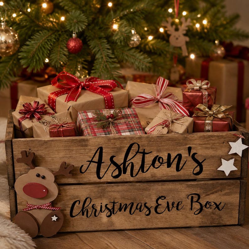 Puede incluir: Una caja de madera con el texto Ashton's Christmas Eve Box, que presenta un recorte de reno y estrellas blancas. La caja est&aacute; llena de varios regalos envueltos, incluyendo cajas con cintas rojas, patrones de cuadros y cordel, bajo un &aacute;rbol.