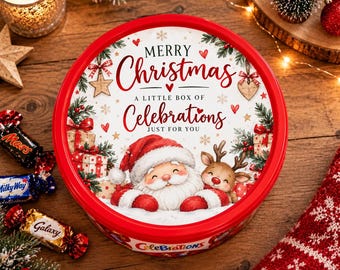 Christmas celebrations Chocolate Tub Label 20cm | Christmas Eve Movie Sweet Tub Sticker | Christmas Eve Treats | Kids Chocolate Gift