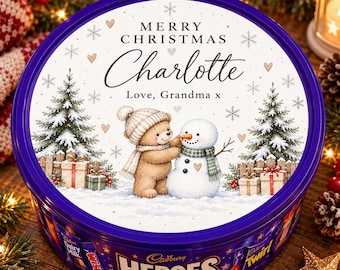 Personalised Christmas Chocolate Tub Label 20cm | snowman Sweet Tub Sticker | Christmas Eve Treats | Kids Chocolate Gift