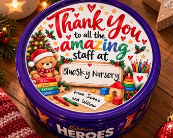 Personalised Christmas Chocolate Tub Label, Personalised Nursery Staff Christmas Thank You gift, Sweet Tub Label, Nursery Teacher Gift,