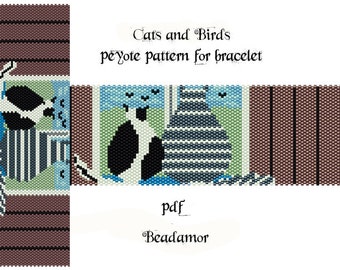 Peyote Pattern for bracelet: Cats and Birds- INSTANT DOWNLOAD pdf,  a vertical and horizontal way