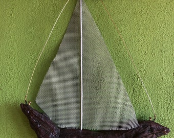 Drift wood Sail boat with iron net and brass combination
