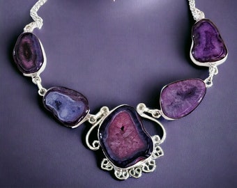Collier de déclaration d’agate violette - Bijoux artisanaux Boho en argent audacieux