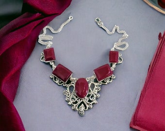 Collier tendance quartz rouge craquelé - Bijoux artisanaux bohèmes en argent audacieux