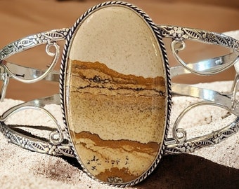Wide Silver Cuff, Desert Mirage Picture Jasper Cuff Bracelet | Serene Sterling Silver Cuff Bangles | Timeless Women's Bracelets