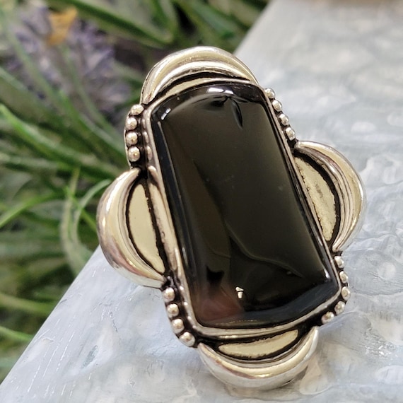 Black Stone Statement Ring: Sterling Silver, Etch… - image 1