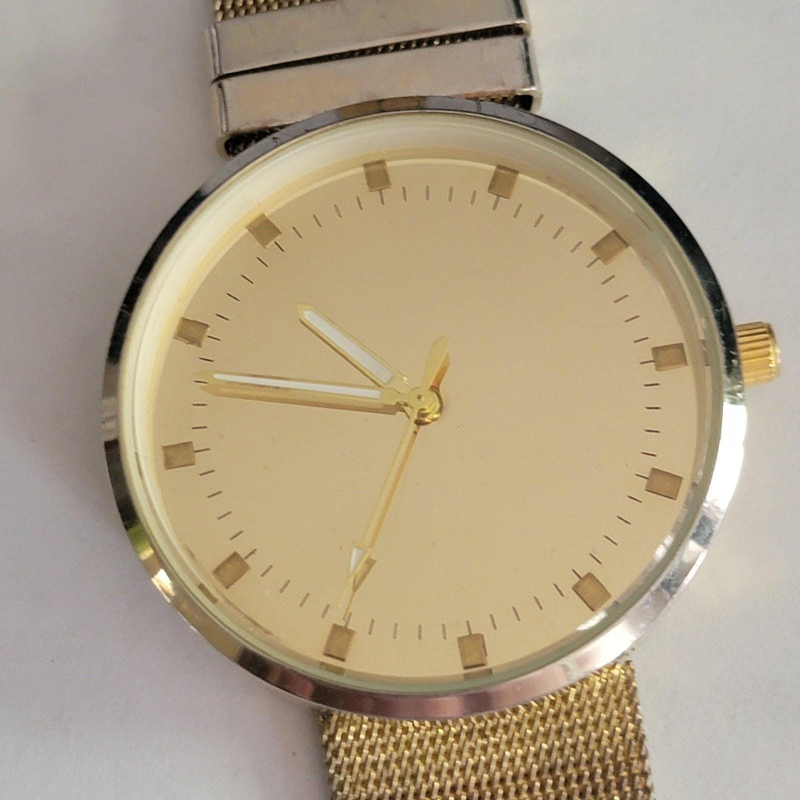 Mens Dress Watch Champagne Dial Silver Bezel Gold Mesh Band Minimalist…