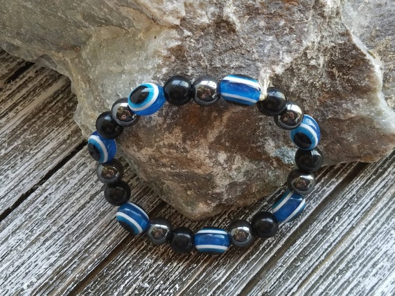 Vintage Black and Blue Glass Bead Bangle Bracelet… - image 6