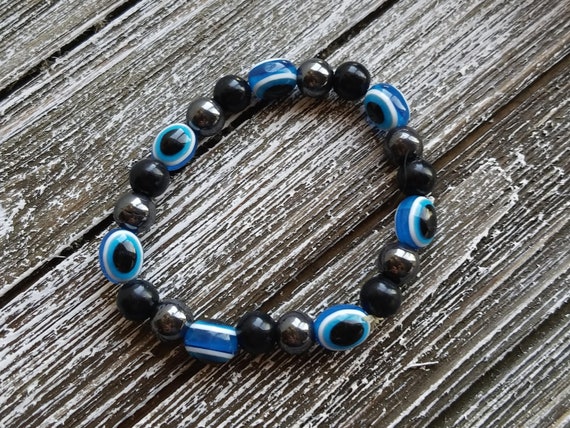 Vintage Black and Blue Glass Bead Bangle Bracelet… - image 1