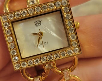 Vintage horloges EJ goud vierkant strass armbandhorloge parel wijzerplaat Japan quartz