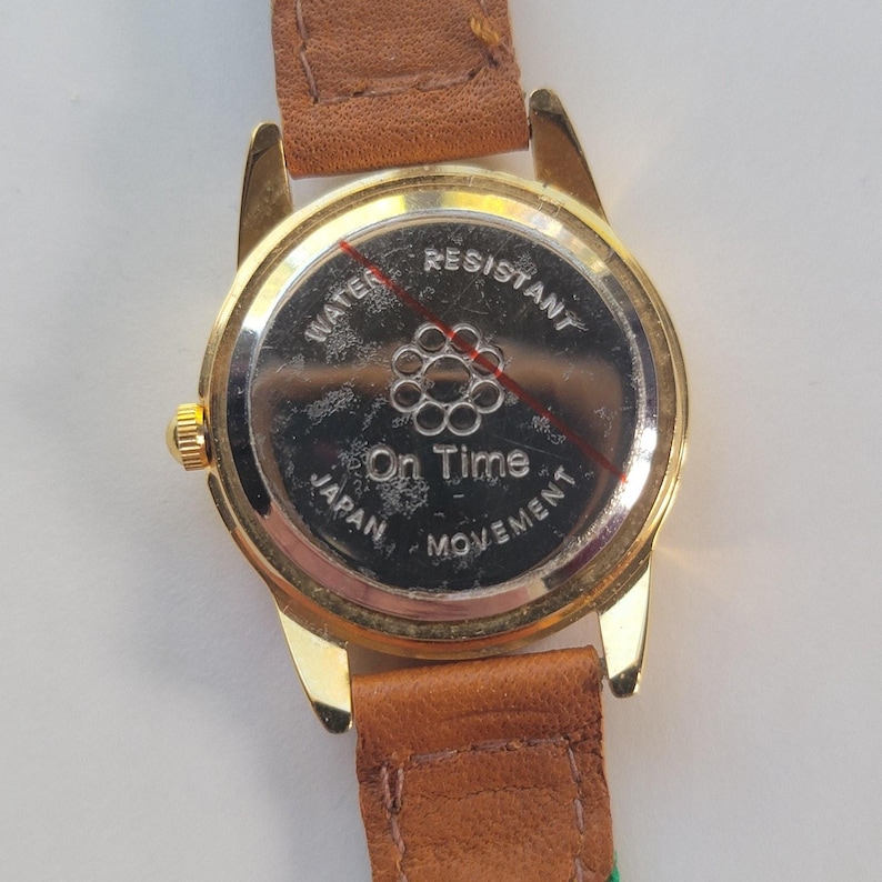 On Time Boys Watch Cartoon Dial Gold Tone Green Nylon Brown Leather Quartz Movt image 5
