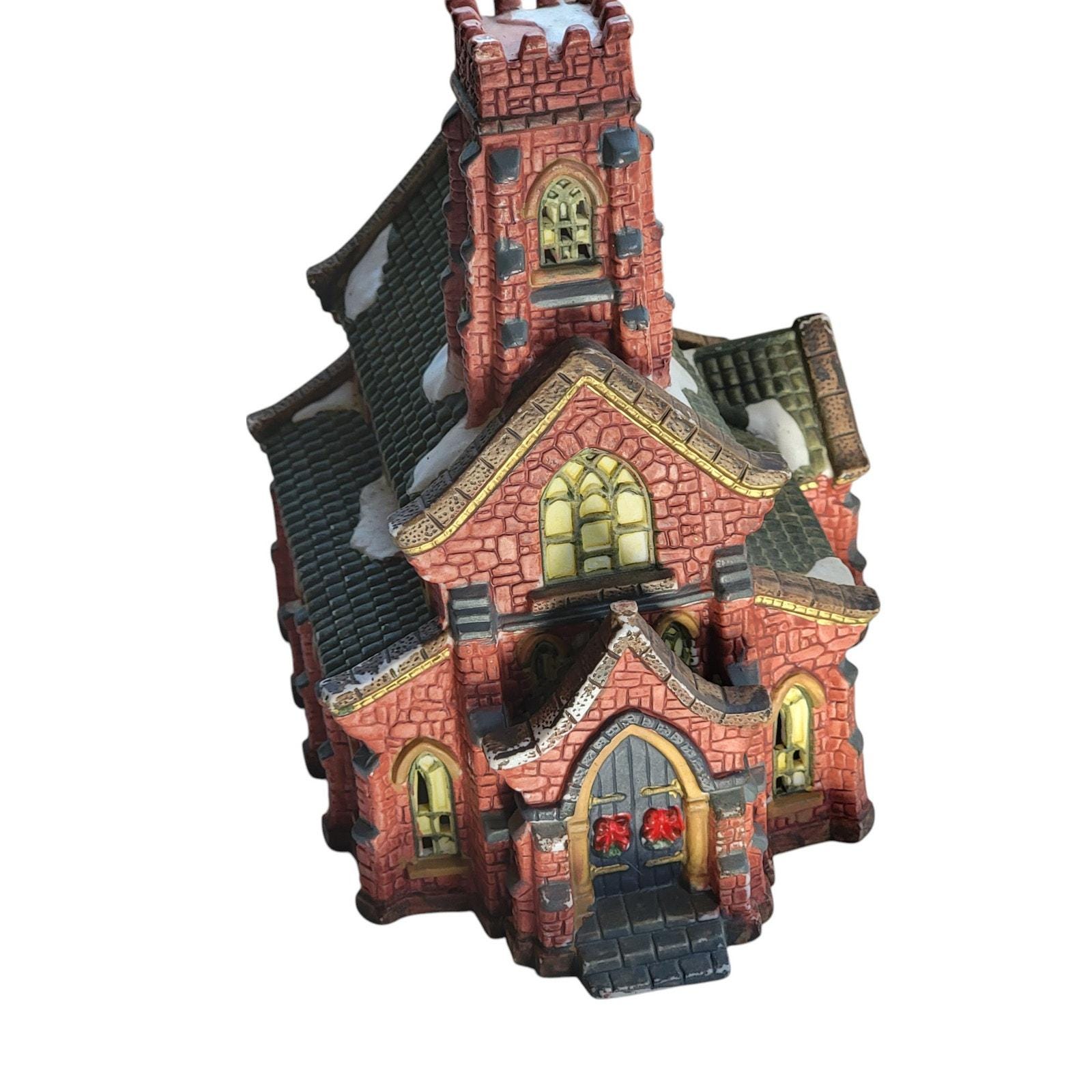 Vintage Christmas Village Gothic Brick Church - Lit Windows & Wreath…