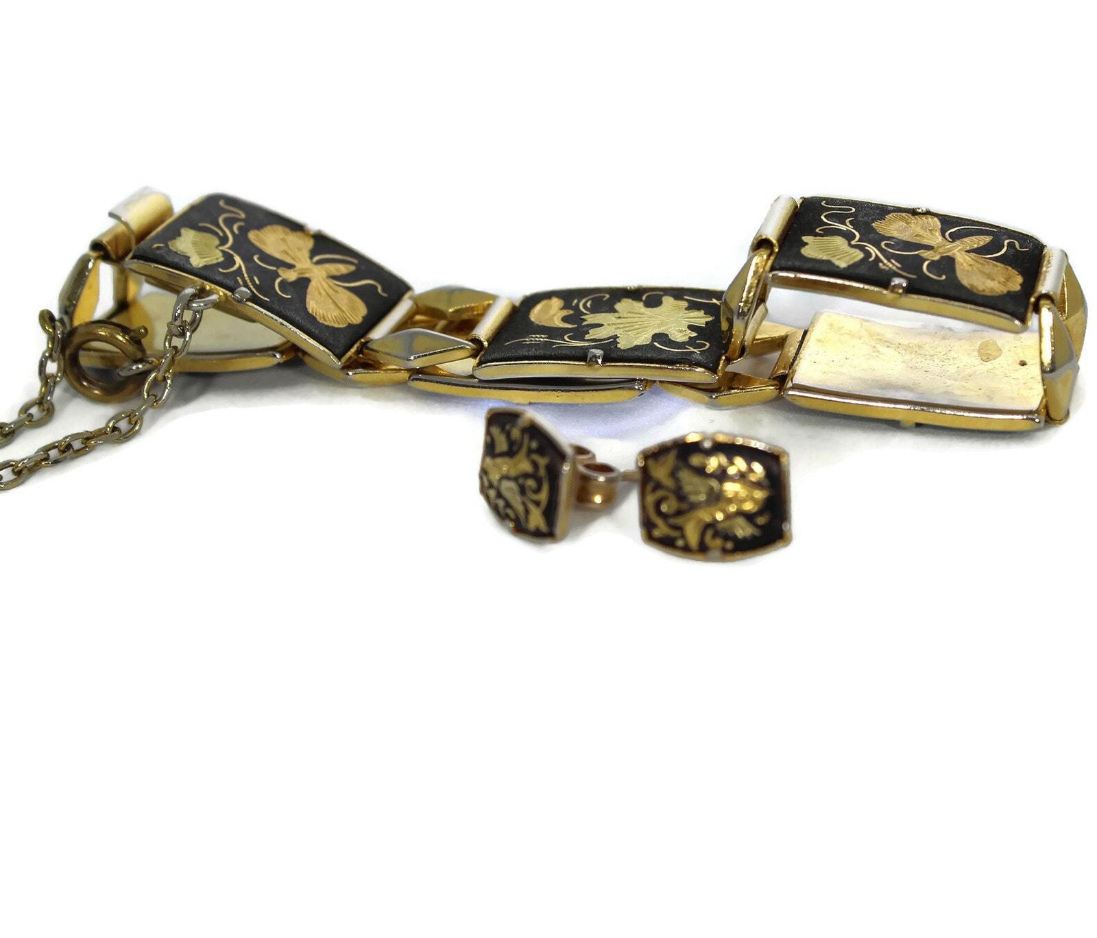 AMITA ダマスカスブレスレット アンティーク　日本製 Vintage Amita Japan Damascene Bracelet & Earrings - Exquisite