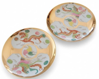 Para japońskich talerzy w kształcie smoka i feniksa, 7 cali, w kolorze złotym, ceramicznych, Japonia