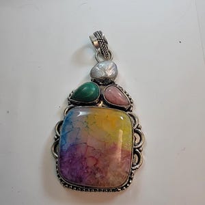 Necklace Pendants Rainbow Fluorite with Pearl Malachite Rose Quartz in Silver