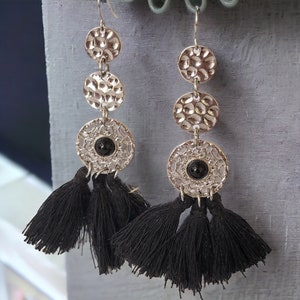 Vintage Black Tassel Dangle Earrings: Silver Gatsby Flapper Style