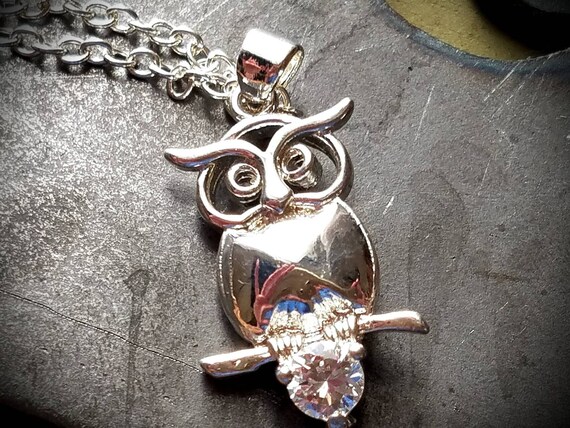 Sterling Silver Owl Pendant Necklace with Simulat… - image 3