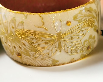 Iris Enamel Bangle with Floral Silk Paper Collage, Unique Artisan Cold Enamel Jewelry