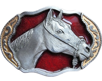Vintage Horse Belt Buckle Buckles of America Red Enamel USA BA-244