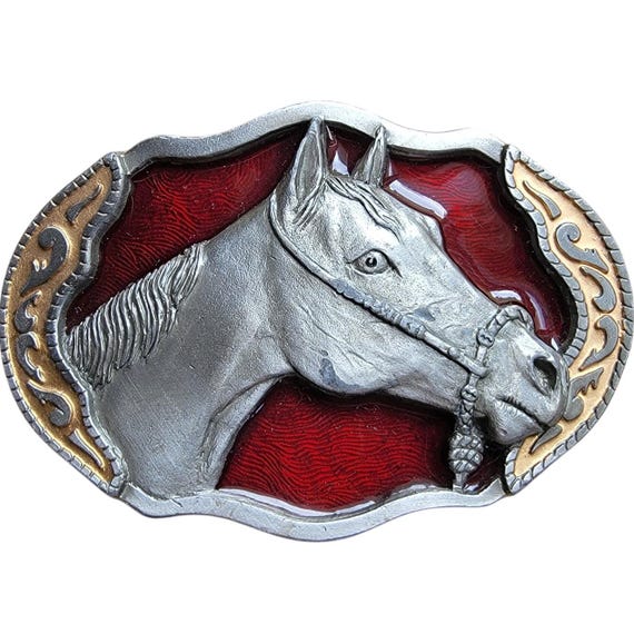Vintage Horse Belt Buckle Buckles of America Red Enamel USA  display picture 2