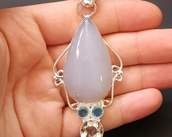 Opalite Sterling Silver Pendant Necklace, Large 1.5 Inch Stone